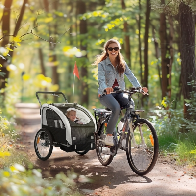 Aosom 2-in-1 Bike Trailer for Kids, Foldable 2-Seat Baby Stroller with 5-Point Harness, Rubber Wheels, Storage Bag, Black