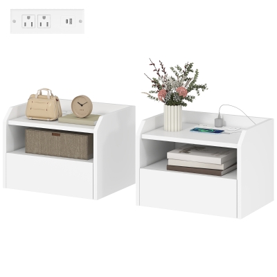 HOMCOM Wall Mounted Bedside Table, Set of 2 Floating Nightstand with Charging Station, Drawer and Open Shelf for Bedroom, White