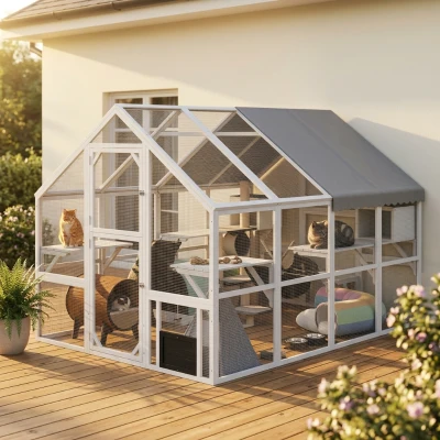 PawHut Wooden Outdoor Catio with Cover, Condos & Platforms, White