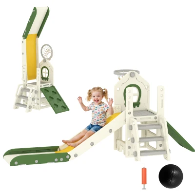 Qaba Foldable 4 in 1 Toddler Slide with Climber, Basketball Hoop, Storage Space and Basketball for Ages 1-3 Years, Cream