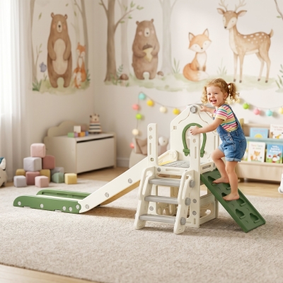 Qaba Foldable 4 in 1 Toddler Slide with Climber, Basketball Hoop, Storage Space and Basketball for Ages 1-3 Years, Cream