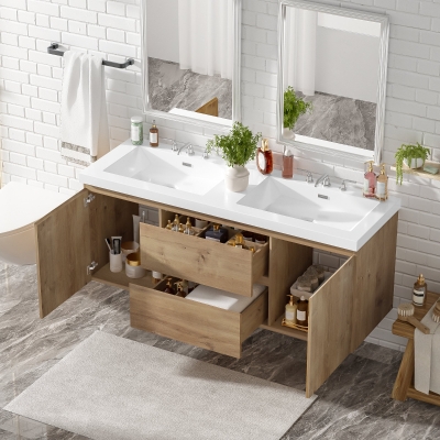 Double Sink Bathroom Vanity with Spacious Under-Sink Storage, Wall-Mounted Floating Cabinet with SMC Top, 59.5'' L x 20'' W x 25.5'' H, Wood