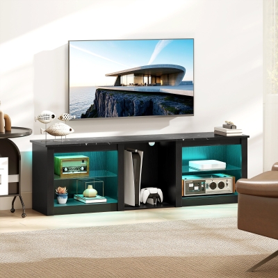 HOMCOM TV Stand with LED Lights, Modern Entertainment Center with Adjustable Glass Shelves, for TVs up to 70 Inch, Black