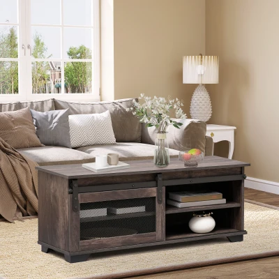 HOMCOM Farmhouse Coffee Table with Sliding Barn Door, Dark Brown