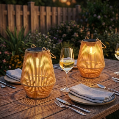 Outsunny 2 Pack Wicker Solar Lanterns Outdoor Waterproof Hanging Lights with Auto On/Off and Handles, Brown