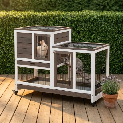 PawHut Wooden Rabbit Hutch, Elevated Small Animal Habitat, Brown