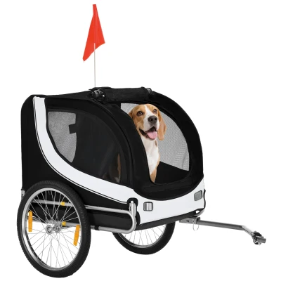 Aosom Dog Bike Trailer, Pet Cart Bicycle, Wagon Cargo Carrier Attachment with Hitch, Reflectors, Flag for Small Medium Dogs, Pet Wheelchair for Travelling, White