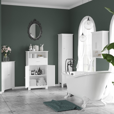 kleankin Tall Bathroom Cabinet, Freestanding Storage Organizer with Adjustable Shelves and Cupboards, 15" x 13" x 63", White