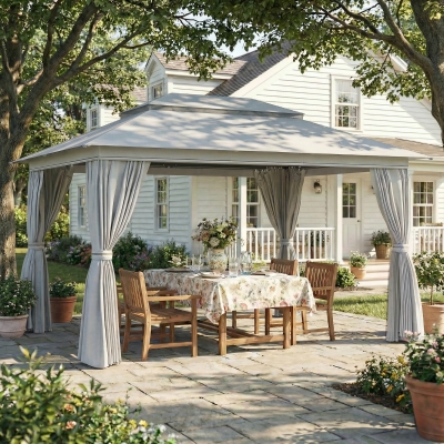 Outsunny 10' x 13' Patio Gazebo, UPF50+ Double Roof Outdoor Gazebo Canopy with Netting and Curtains, Steel Frame, Dark Grey