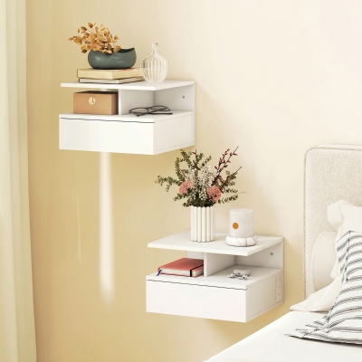 HOMCOM Floating Nightstand Set of 2, Wall Mounted Bedside Table with with Power Outlets, Drawer and Shelf, White