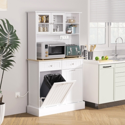 HOMCOM Kitchen Cabinet with Charging Station, 2 Tilt Out Cabinets, Microwave Stand, Freestanding Kitchen Pantry Cabinet, White