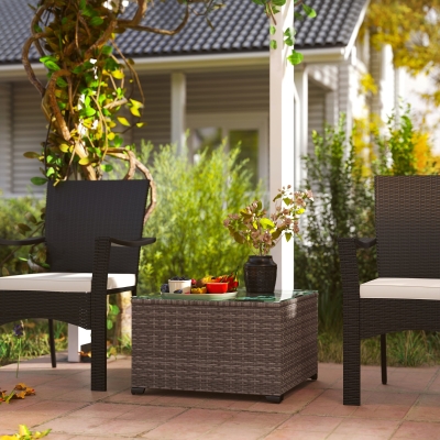 Outsunny 24.4" Patio Wicker Coffee Table, PE Rattan Outdoor Side Table with Tempered Glass Top, Black