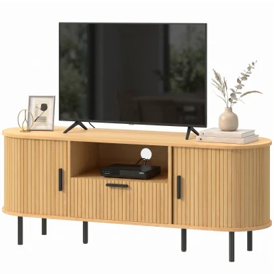 HOMCOM TV Stand for TVs up to 60", Modern Entertainment Center with Curved Sliding Doors and Storage, Natural Wood