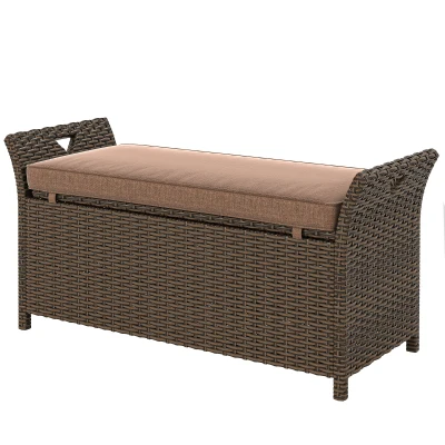 Outsunny 2-In-1 Outdoor Storage Bench, 29 Gallon Wicker Deck Box with Handles and Cushion, Tan