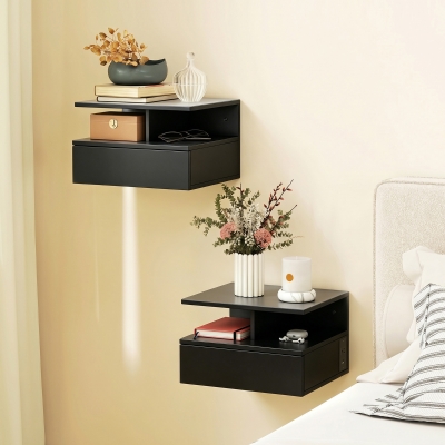 HOMCOM Floating Nightstand Set of 2, Wall Mounted Bedside Table with with Power Outlets, Drawer and Shelf, Black