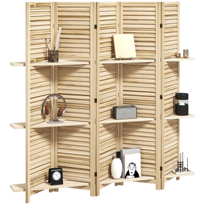 HOMCOM 67" Wood Privacy Screen Room Divider with Shelves, Natural