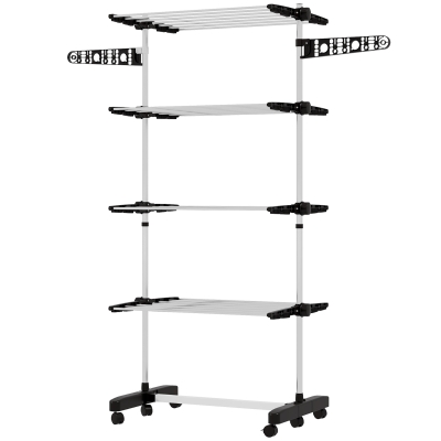 HOMCOM Garment Drying Rack Stainless Steel Folding Clothes Hanging Rack with Side Wings Castors for Indoor Outdoor Black