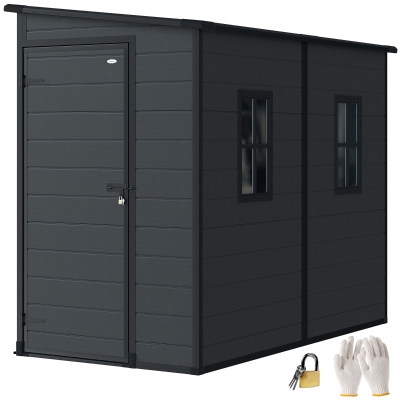 Outsunny 4.3' x 8' Outdoor Storage Shed with Floor, Garden Shed with Lockable Doors and Windows, Dark Grey
