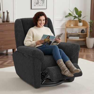 HOMCOM Power Recliner Chair, Fabric Upholstered Recliner Chair with USB Ports, Swivel and Rocking Function, Footrest, Black