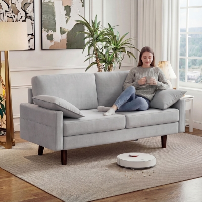 HOMCOM 3 Seater Sofa, Velvet Upholstered Couch with Spring Cushions, Rubber Wood Legs and 2 Pillows, Grey