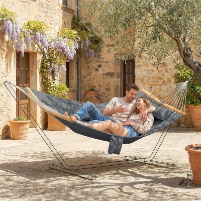 Outsunny Outdoor Hammock Padded Camping Hammock with Pillow & Spreader Bars 200 x 140 cm Grey