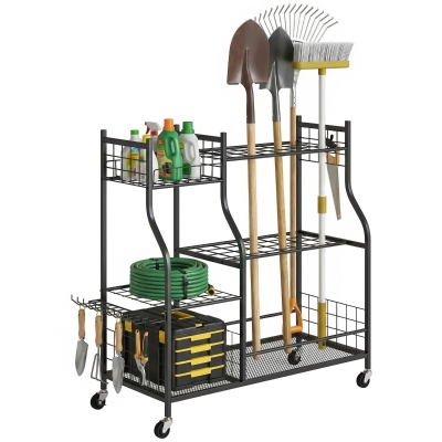 Outsunny Garden Tool Organizer for Garage, 3-Tier Yard Tool Storage Rack with 32 Slots, 4 Wheels and 11 Hooks