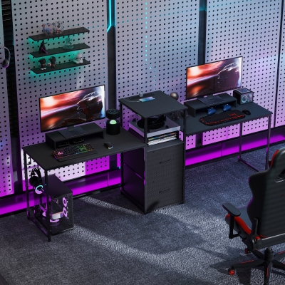 HOMCOM 96 Inch Gaming Desk, Dual Computer Desk for 2 Person with Power Outlets and Monitor Stands, Black