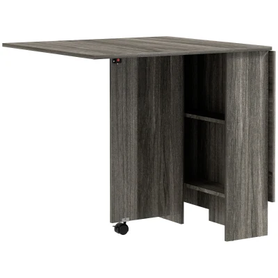HOMCOM Extendable Dining Table, Collapsible Folding Table w/ 2-tier Shelves and Rolling Casters, Grey Wood Grain