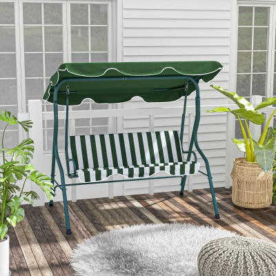 Outsunny Outdoor Porch Swing with Adjustable Canopy, 3-Seater Patio Swing Chair with Cushion, Green