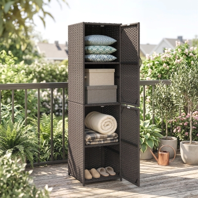 Outsunny Wicker Outdoor Storage Cabinet, 4 Shelf Patio Storage Cabinet with Adjustable Shelves and Magnetic Doors, Brown