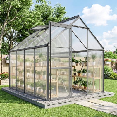 Outsunny 6' x 8' x 6.5' Polycarbonate Greenhouse, Walk-in Green House with Adjustable Roof Vent Galvanized Base Sliding Door Rain Gutter for Outdoor Garden Backyard, Charcoal Grey
