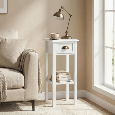 HOMCOM 2-Tier Side Table with Drawer & Shelf, White