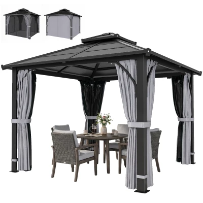 Outsunny 10' x 10' Hardtop Gazebo with 7mm Polycarbonate Double-Tier Roof, Outdoor Gazebo with Netting and Curtains, Dark Grey