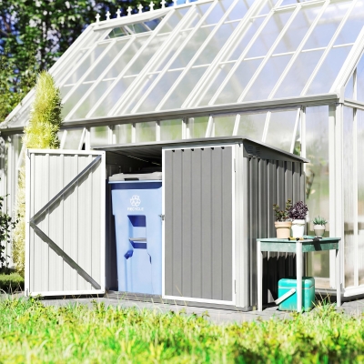 Outsunny Outdoor Metal Storage Shed Garden Garbage Can Organizer with Double Door and Vents for 2 Trash Cans, Light Grey