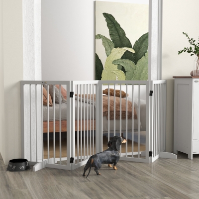 PawHut Free Standing Pet Gate, Foldable Dog Gates with 2 Support Feet, 4 Panels for Doorway Stairs, White