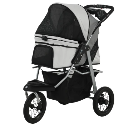 PawHut Dog Stroller, Foldable Dog Stroller with 12″ Rubber Wheels for Small Dogs, Up to 22 LBS, Light Gray