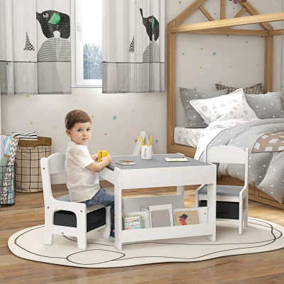 Qaba Kids Table & Chair Set, Reversible Blackboard, Gray