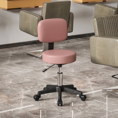 HOMCOM Rolling Stool with Wheels, Swivel Stool with Back Support, Adjustable Height, PU Leather Swivel Chair, Pink