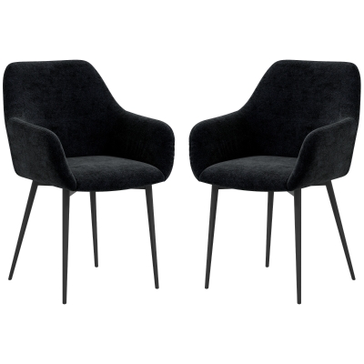HOMCOM Dining Chairs Set of 2, Velvet-look Fabric Upholstered Kitchen Chairs with Backrest, Armrests and Steel Legs, Black