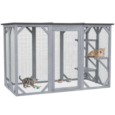 PawHut 44.1" H Cat Cage, Indoor Outdoor Wooden Enclosure Pet House, Small Animal Cage Hutch, Suitable for Rabbit, Dogs, Kitten, Crate Kennel with Waterproof Roof, Multi-Level Platforms, Lock, Grey