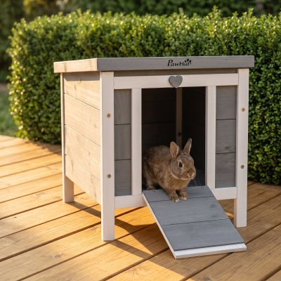 PawHut Small Wooden Rabbit Hutch Bunny Cage Guinea Pig Cage Duck House Dog House with Openable & Waterproof Roof, for Rabbits, Chickens, Ducks, Gray
