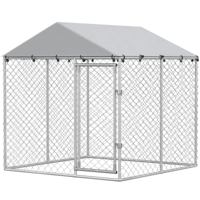 PawHut 6.6' x 6.6' x 6.6' Outdoor Dog Kennel Heavy Duty Galvanized Steel with UV-resistant Roof, Silver