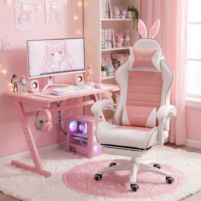 HOMCOM Cute Racing Gamer Chair, PU Leather Gaming Chair with Footrest, Headrest and Lumbar Support, Pink
