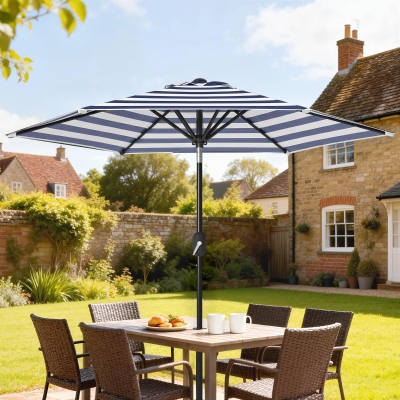 Outsunny Patio Sun Umbrella, Outdoor Parasol with 6 Ribs, Blue Stripes