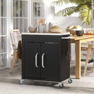 Outsunny Outdoor Grill Cart with Stainless Steel Top, Pizza Oven Table with Wheels Hooks Cabinet Handles,  Black