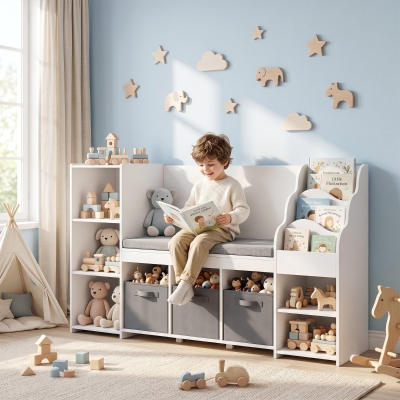 Qaba Kids Storage Shelf with Reading Nook, Toy Storage Organizer with Seat Cushion, 3 Fabric Drawers for Playroom, Nursery