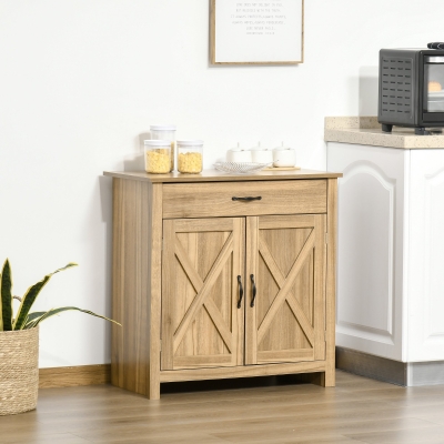 HOMCOM Farmhouse Sideboard Buffet Cabinet, Storage Cabinet with Barn Doors, Distressed Brown
