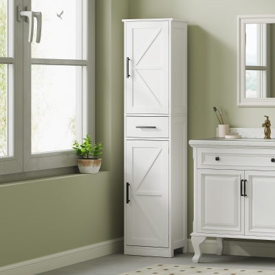 HOMCOM 67" Tall Bathroom Cabinet, Narrow Bathroom Storage Cabinet with Drawer, Barn Doors and Adjustable Shelves, White