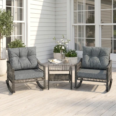 Outsunny 3 Piece Outdoor Rattan Rocker Chair Set with Table, Gray