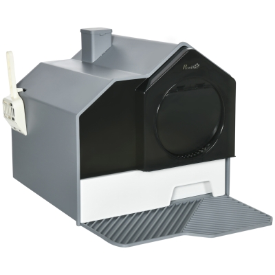 PawHut Hooded Cat Litter Box with Odor Control, Gray